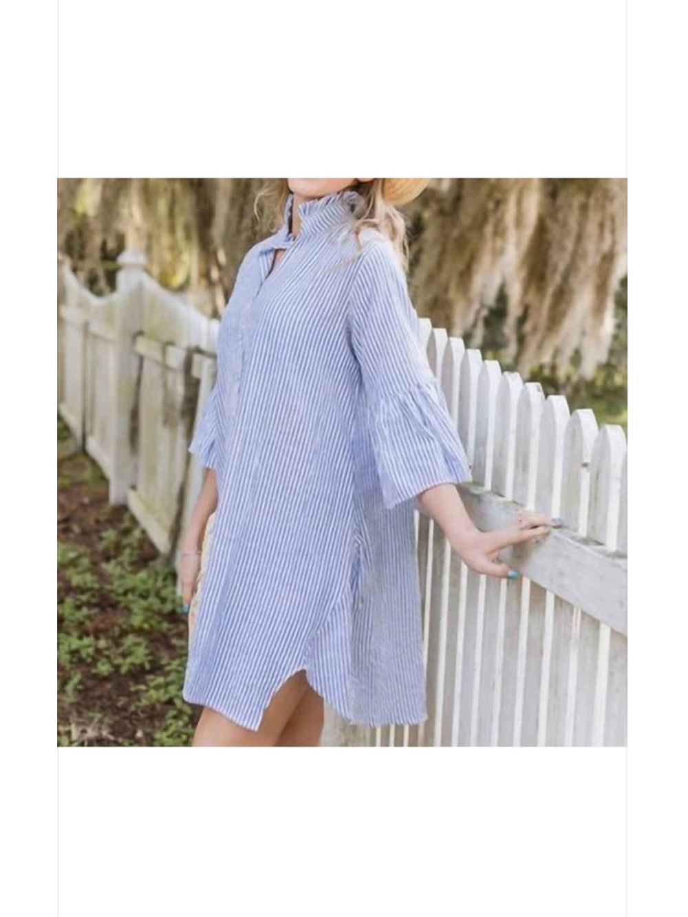Holly Shae Blue & White Ruffle Caroline Striped Seersucker Coastal Shirt Dress